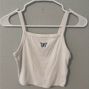Garage White Ribbed Tank Top with Blue Butterfly Embroidery